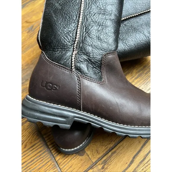 UGG Brooks Women's Size 7 Brown/Black Leather Sheepskin Lined Tall Boots