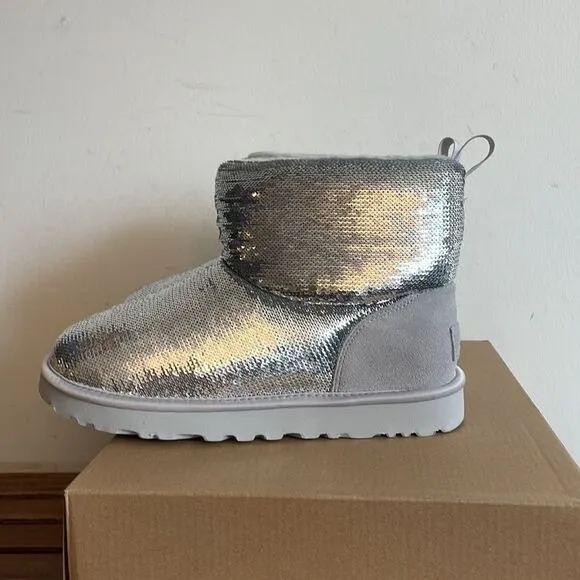 UGG Classic Mini Mirror Ball Boots Silver USA Women 7/UK 5/EU 38