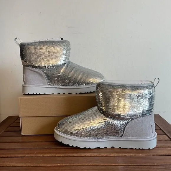 UGG Classic Mini Mirror Ball Boots Silver USA Women 7/UK 5/EU 38