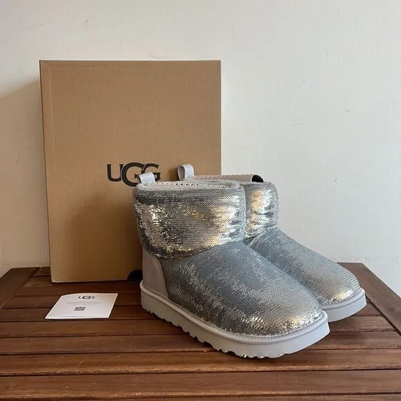 UGG Classic Mini Mirror Ball Boots Silver USA Women 7/UK 5/EU 38