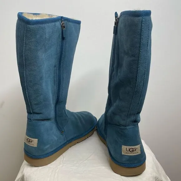UGG Classic Tall 5235 Leather Sheepskin Winter Boots Sunset Turquoise Blue Zip 8