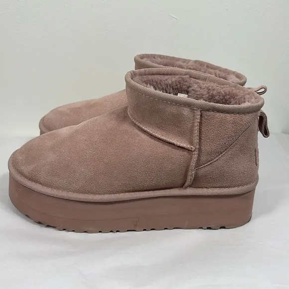 Ugg Classic Ultra Mini Platform Suede Ankle Boots Pink Fur Lined Size 42 9