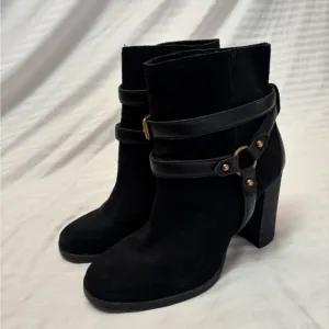 UGG Dandridge Black Suede Leather Harness High Heel Ankle Boots Womens Size 8