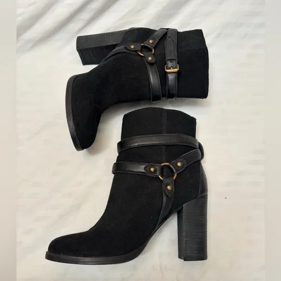 UGG Dandridge Black Suede Leather Harness High Heel Ankle Boots Womens Size 8