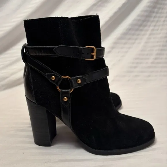 UGG Dandridge Black Suede Leather Harness High Heel Ankle Boots Womens Size 8