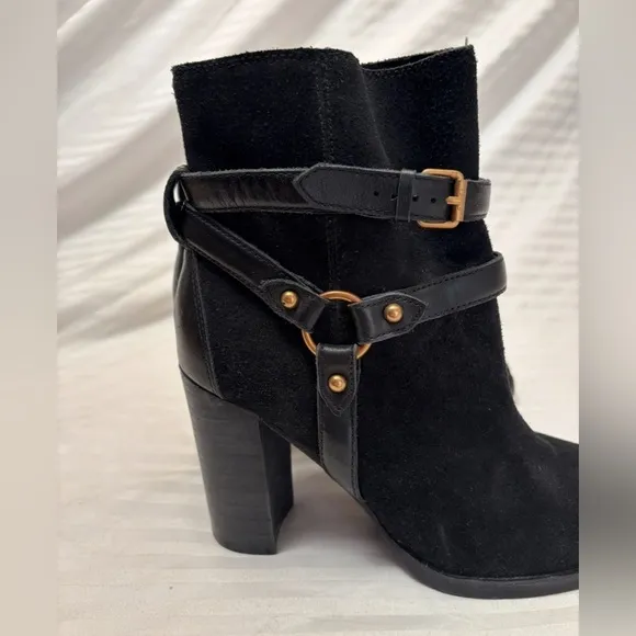 UGG Dandridge Black Suede Leather Harness High Heel Ankle Boots Womens Size 8