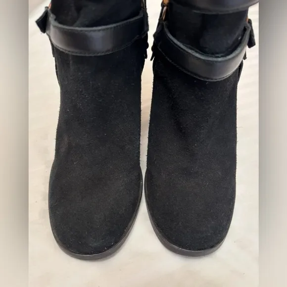 UGG Dandridge Black Suede Leather Harness High Heel Ankle Boots Womens Size 8