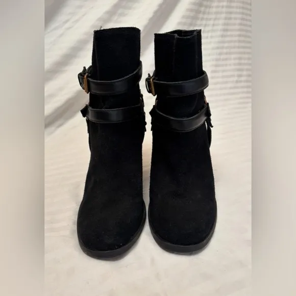 UGG Dandridge Black Suede Leather Harness High Heel Ankle Boots Womens Size 8