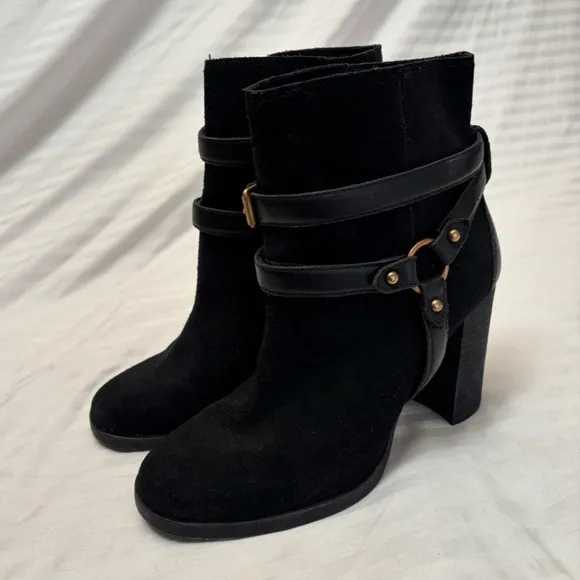 UGG Dandridge Black Suede Leather Harness High Heel Ankle Boots Womens Size 8
