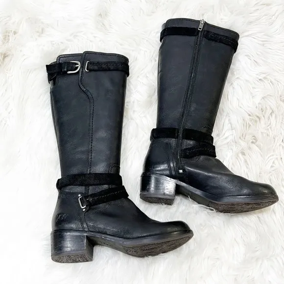 Ugg Darcie black leather tall knee high boots women's sz 5