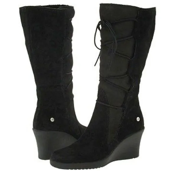 UGG Elsey Suede Lace Up Black Wedge Boots