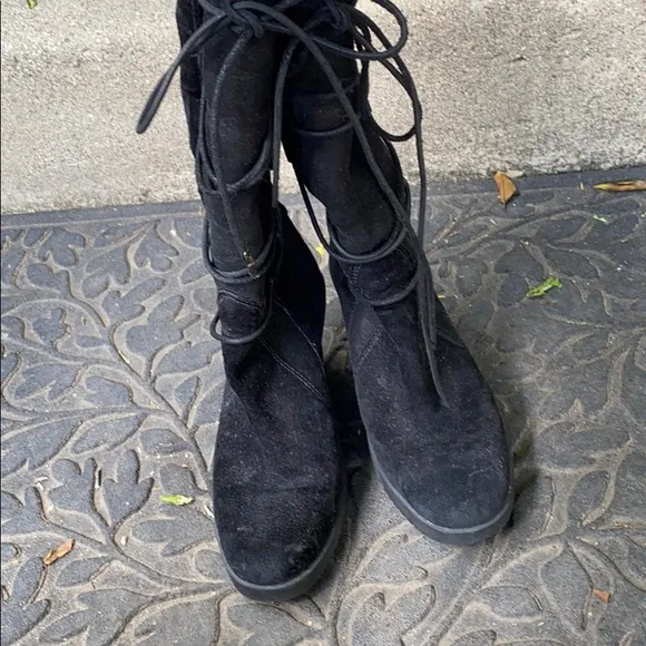 UGG Elsey Suede Lace Up Black Wedge Boots