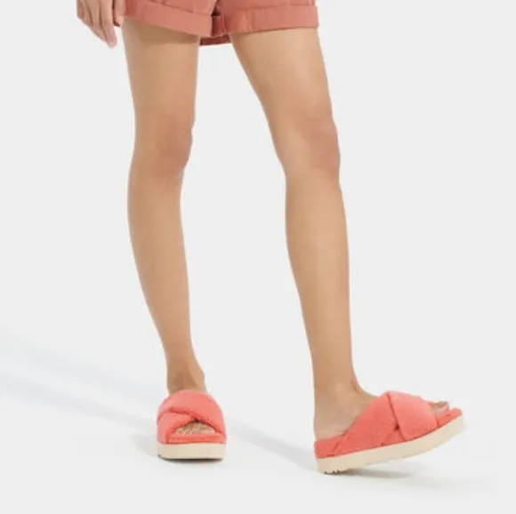 Ugg Fuzz Sugar Terry Cross Slide Sandals Peach Bliss