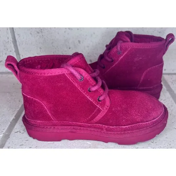 UGG Neubel Kids Red Suede Shearling Chukka Ankle Lace Up Boots Size 13