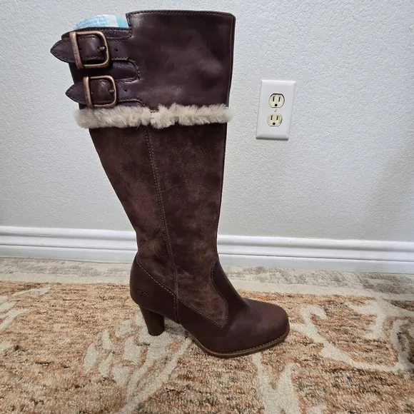 UGG Suede Tall Brown Heeled Boots Size 8
