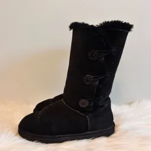 UGG Tall Bailey Button Cozy Warm Black Leather &amp; Sheepskin Bestseller Boots! 🔥