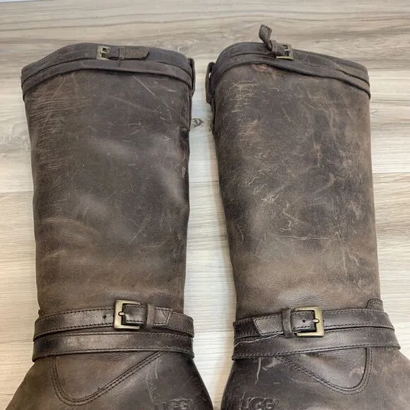 UGG Tall Riding Boots Womens 7 Brown Irmah Knee High Wedge Leather 1003362