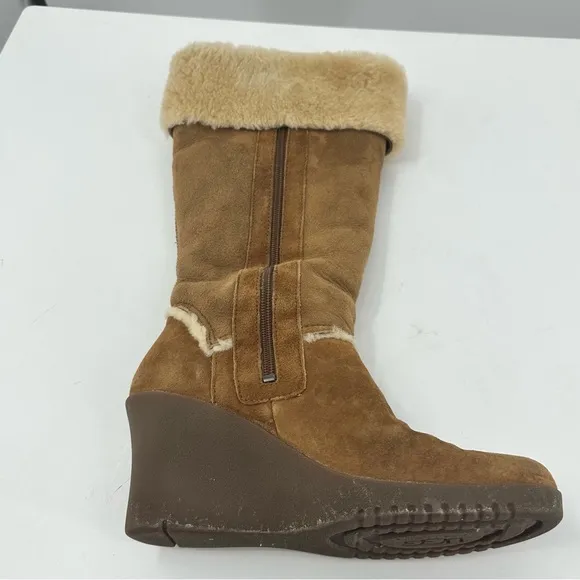 *UGG Tall Wedge Boots Tan Suede Sherpa Womens 8