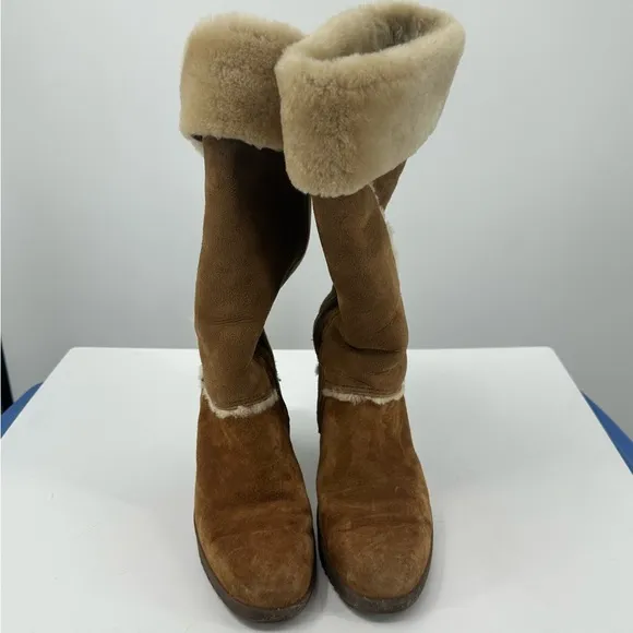 *UGG Tall Wedge Boots Tan Suede Sherpa Womens 8