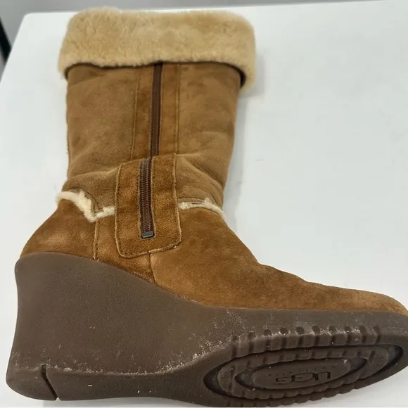 *UGG Tall Wedge Boots Tan Suede Sherpa Womens 8