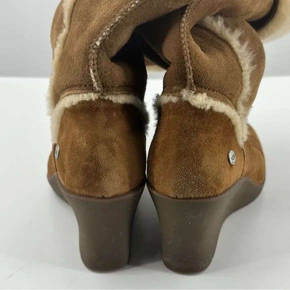*UGG Tall Wedge Boots Tan Suede Sherpa Womens 8
