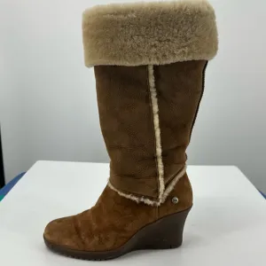 *UGG Tall Wedge Boots Tan Suede Sherpa Womens 8