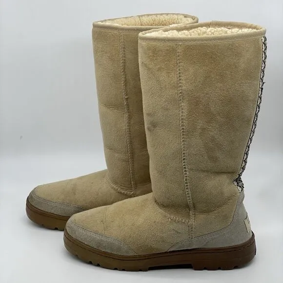 UGG Ultra Tall Tasman Braid Boots Women's 8 Beige Leather Sheepskin Wool Lining
