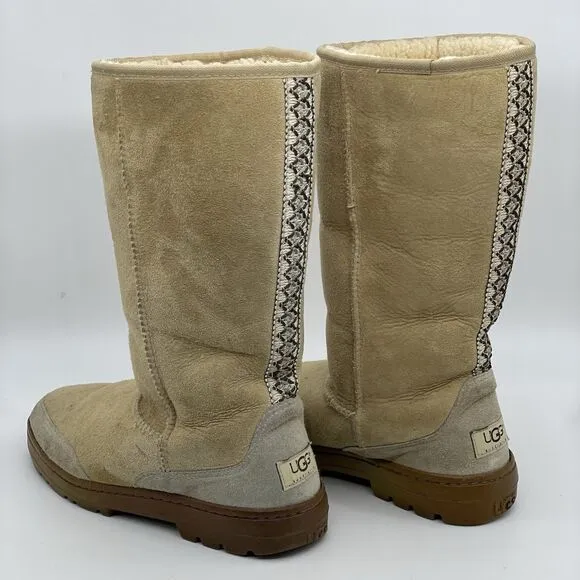 UGG Ultra Tall Tasman Braid Boots Women's 8 Beige Leather Sheepskin Wool Lining
