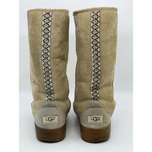 UGG Ultra Tall Tasman Braid Boots Women's 8 Beige Leather Sheepskin Wool Lining