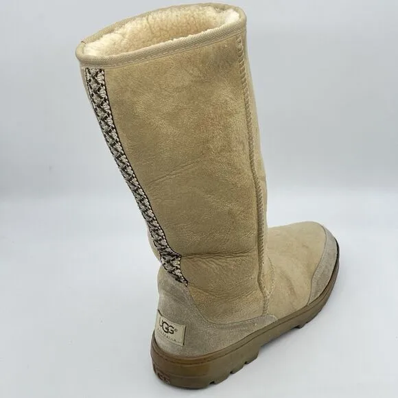 UGG Ultra Tall Tasman Braid Boots Women's 8 Beige Leather Sheepskin Wool Lining