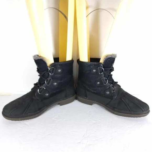 UGG Women's Cecile US 6 Black Leather Waterproof Sheepskin Lined Duck Boots