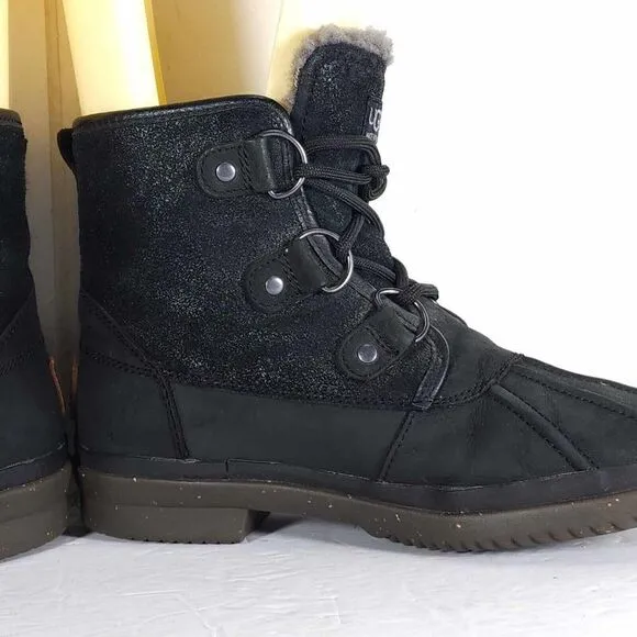 UGG Women's Cecile US 6 Black Leather Waterproof Sheepskin Lined Duck Boots