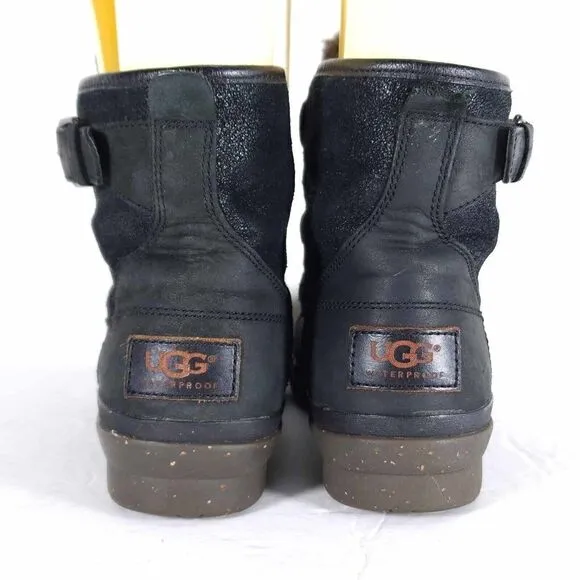 UGG Women's Cecile US 6 Black Leather Waterproof Sheepskin Lined Duck Boots