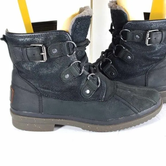 UGG Women's Cecile US 6 Black Leather Waterproof Sheepskin Lined Duck Boots