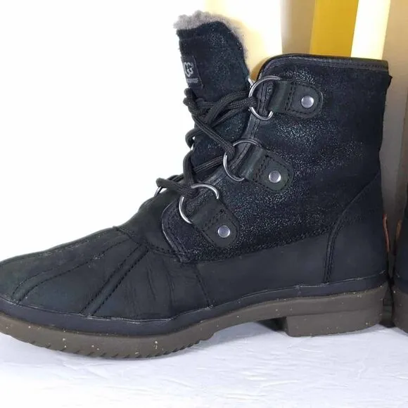 UGG Women's Cecile US 6 Black Leather Waterproof Sheepskin Lined Duck Boots