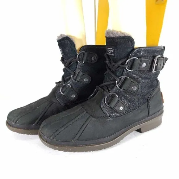 UGG Women's Cecile US 6 Black Leather Waterproof Sheepskin Lined Duck Boots