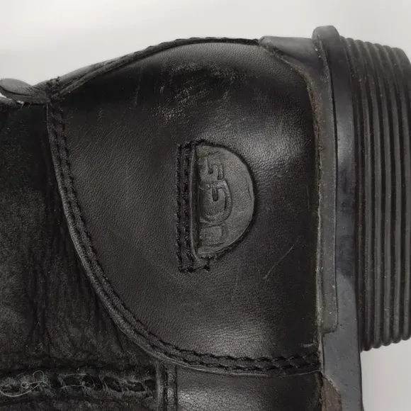 UGG women's size 7 black leather suede tall boots under knee pull on fuzzy
