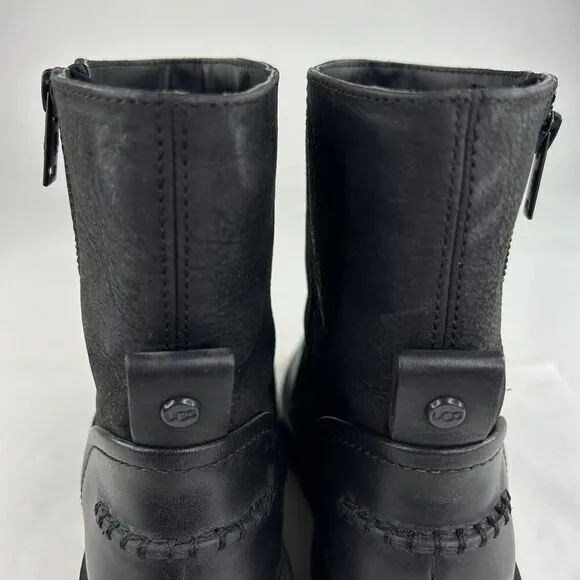 UGG Australia Polk Black Leather Zip Up Boots US 7 Lug Ankle Boot