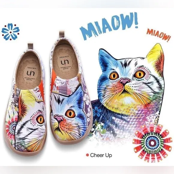 UIN Colorful Cat Print Cheer Up Slip-On Shoes!  Like New! Perfect condition!
