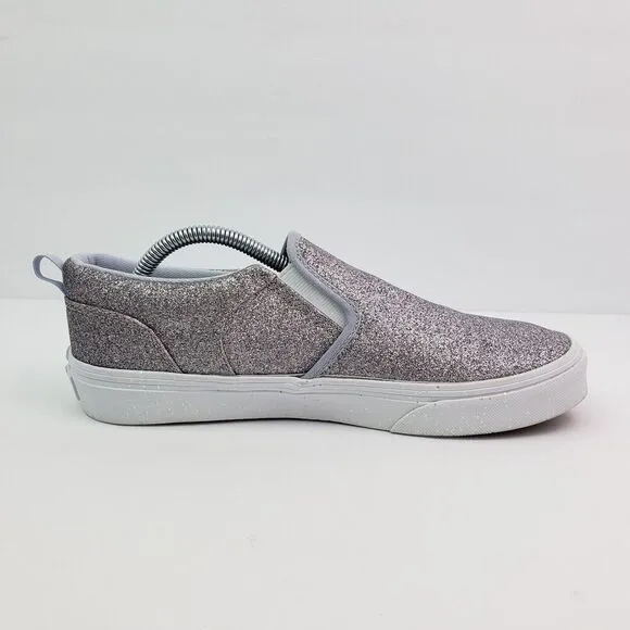 Vans Classic Slip O Girls Size 6Y Womens Sz 7.5 Silver Glitter Slip On Low Shoes