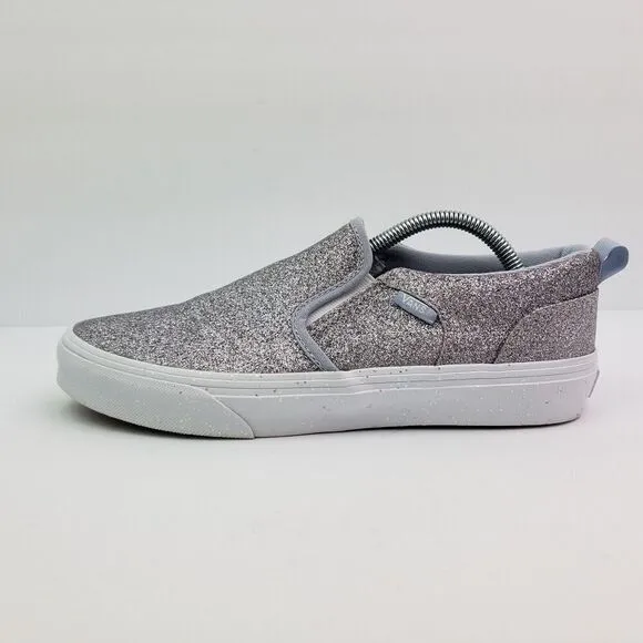 Vans Classic Slip O Girls Size 6Y Womens Sz 7.5 Silver Glitter Slip On Low Shoes
