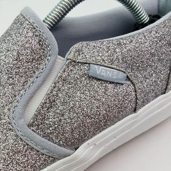 Vans Classic Slip O Girls Size 6Y Womens Sz 7.5 Silver Glitter Slip On Low Shoes