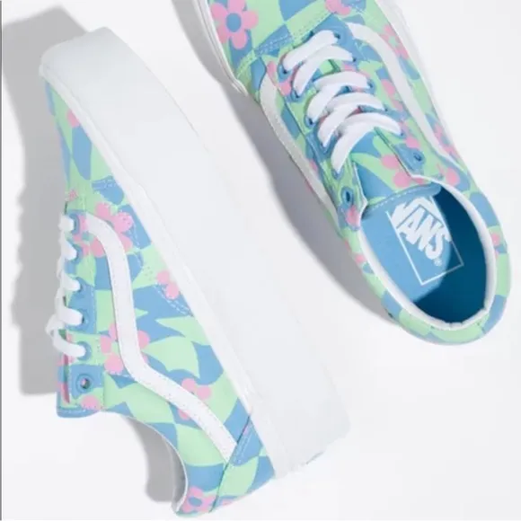 Vans | Old Skool Stacked Checkerboard Floral Blue Platform Shoes