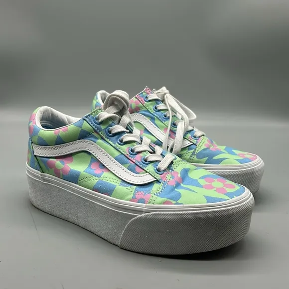 Vans | Old Skool Stacked Checkerboard Floral Blue Platform Shoes