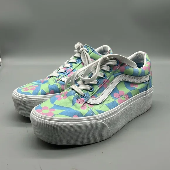 Vans | Old Skool Stacked Checkerboard Floral Blue Platform Shoes
