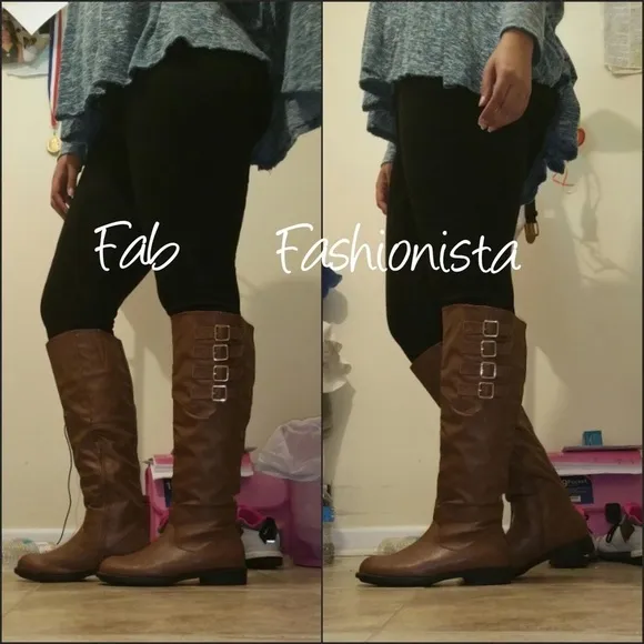 Vegan Leather riding boots tall buckle size 9