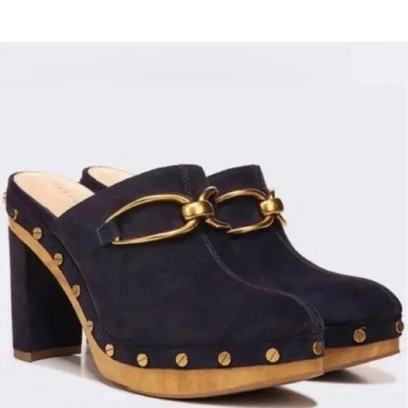 Veronica Beard Clog Leather Platform Shoes Brass Suede Navy Blue 7.5