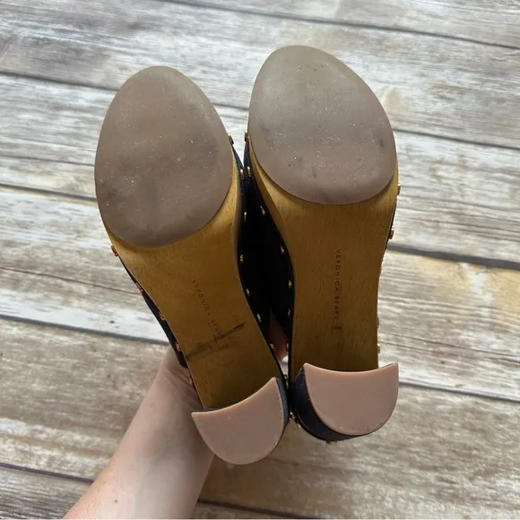 Veronica Beard Clog Leather Platform Shoes Brass Suede Navy Blue 7.5