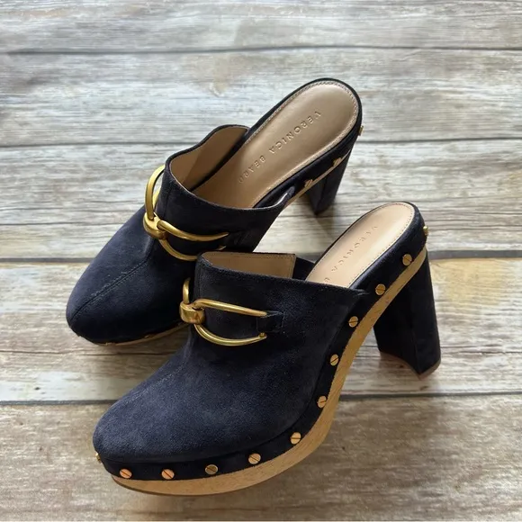 Veronica Beard Clog Leather Platform Shoes Brass Suede Navy Blue 7.5