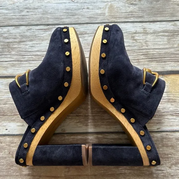 Veronica Beard Clog Leather Platform Shoes Brass Suede Navy Blue 7.5